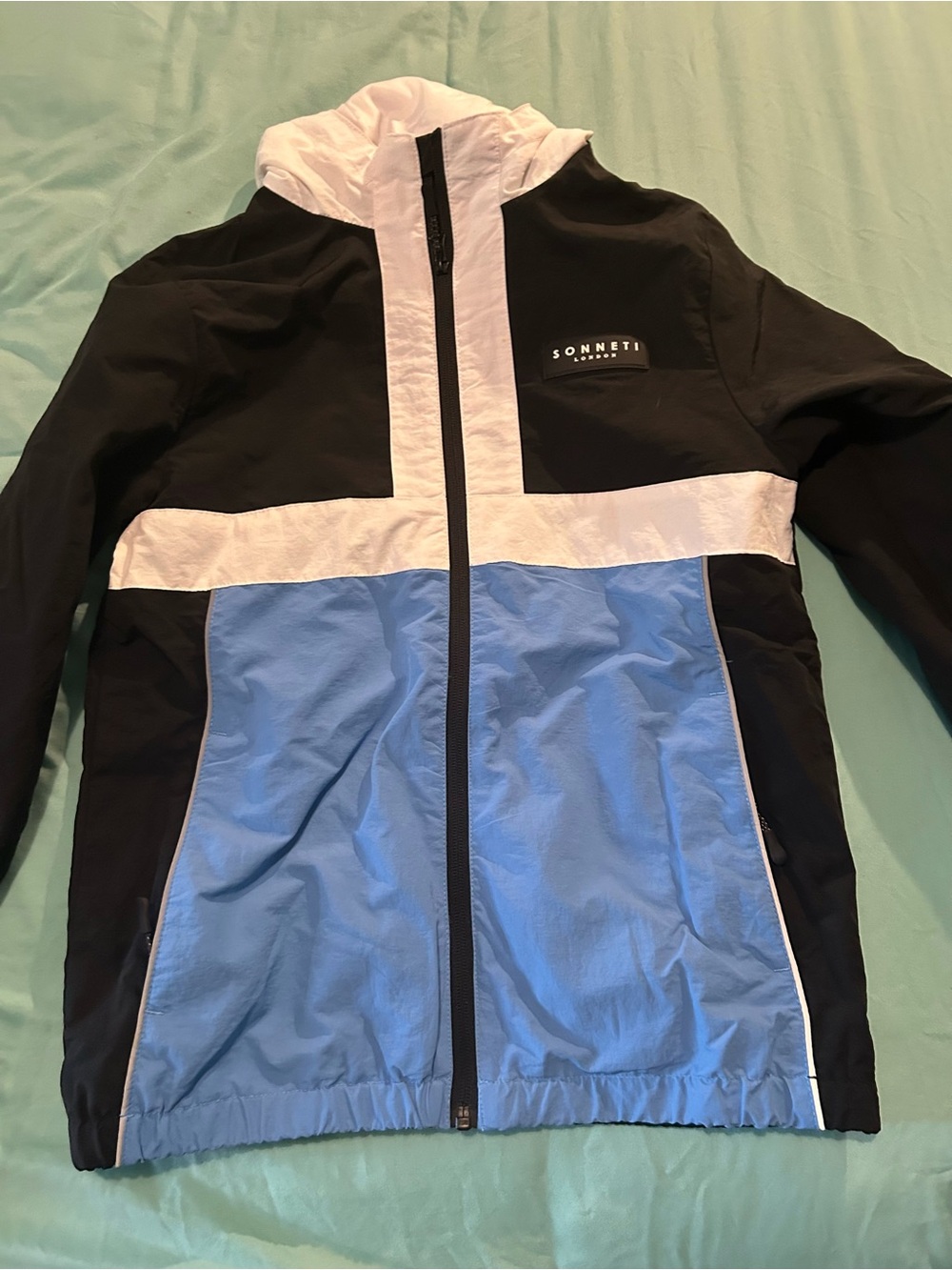 NWOT Boys' Black, White & Light Blue Windbreaker Jacket size large BUT read desc